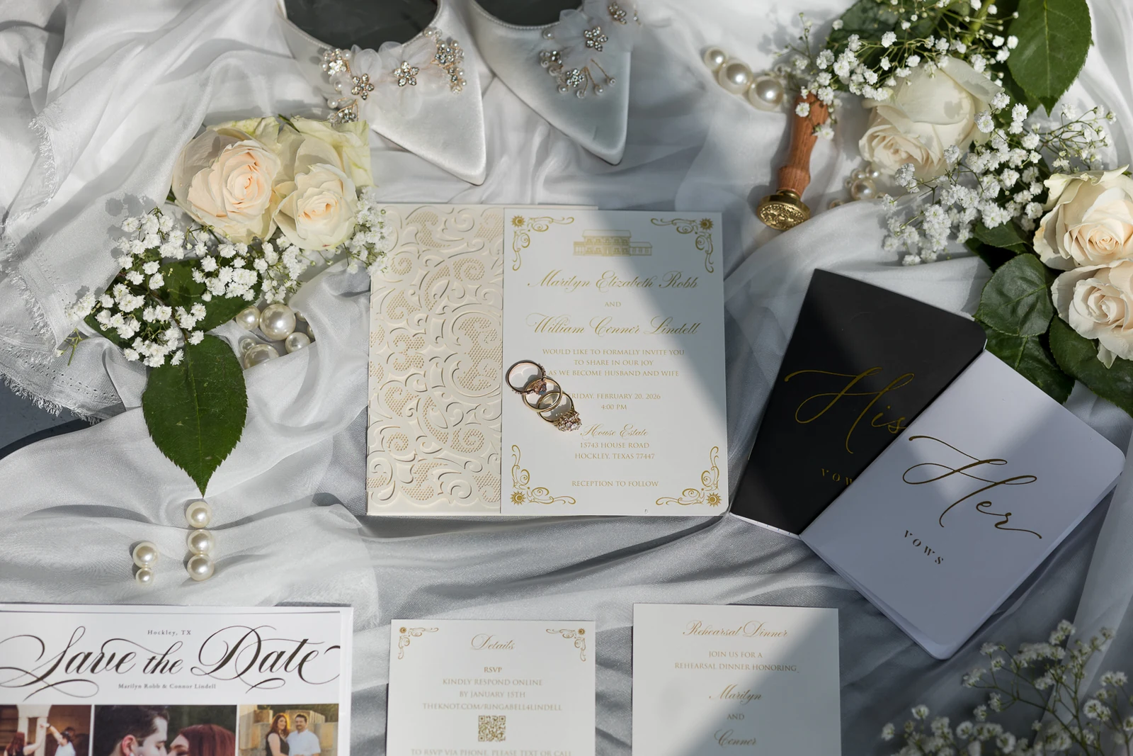 Wedding stationery, rings, flowers, and keepsakes photographed by Anthony