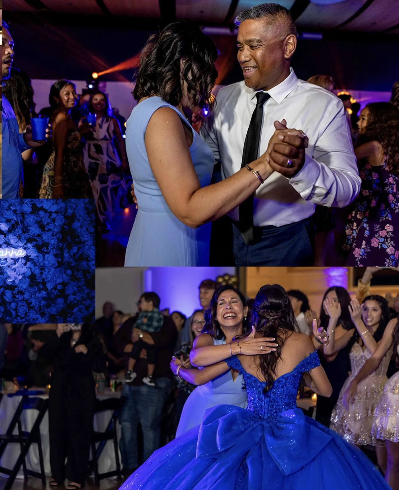 Candid quinceañera reception moments with dancing and celebration under blue lighting