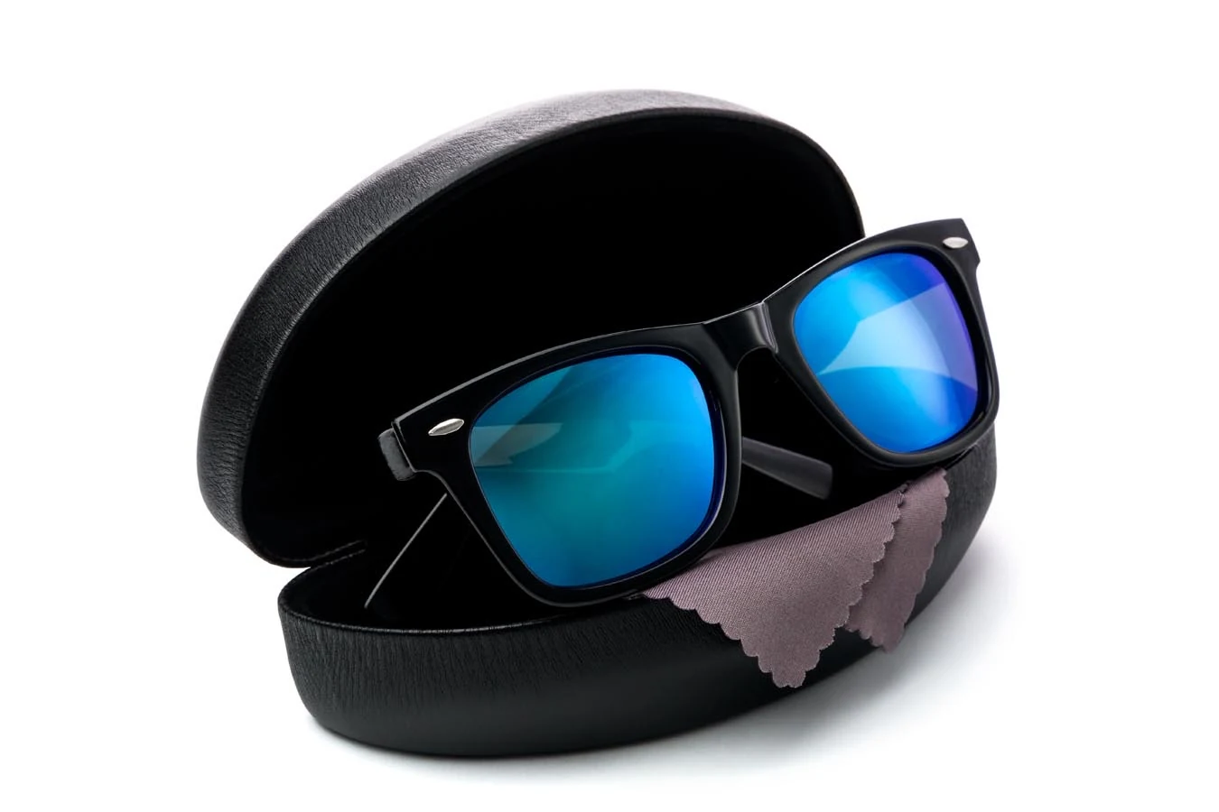 Blue mirrored sunglasses displayed with a black protective case and cleaning cloth