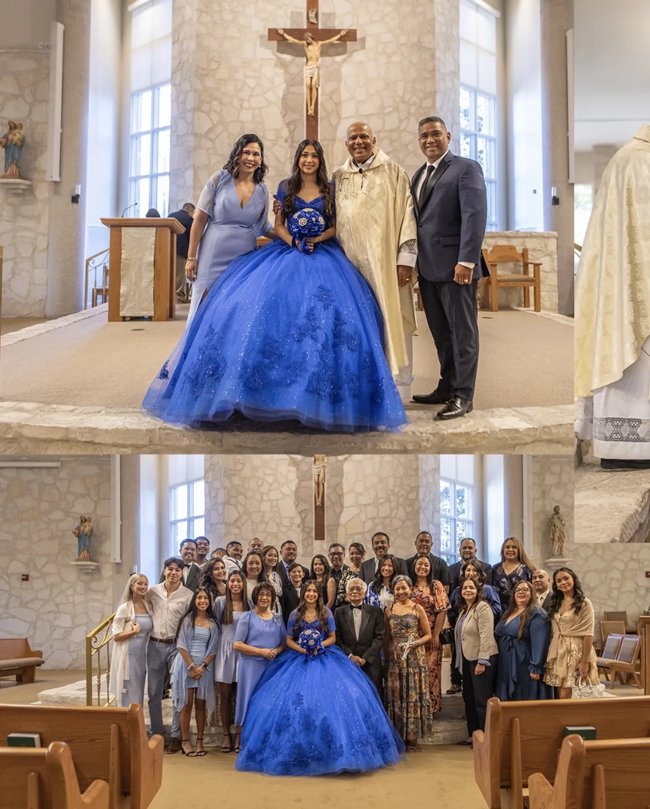 Quinceañera in a royal blue gown photographed with family at a church ceremony