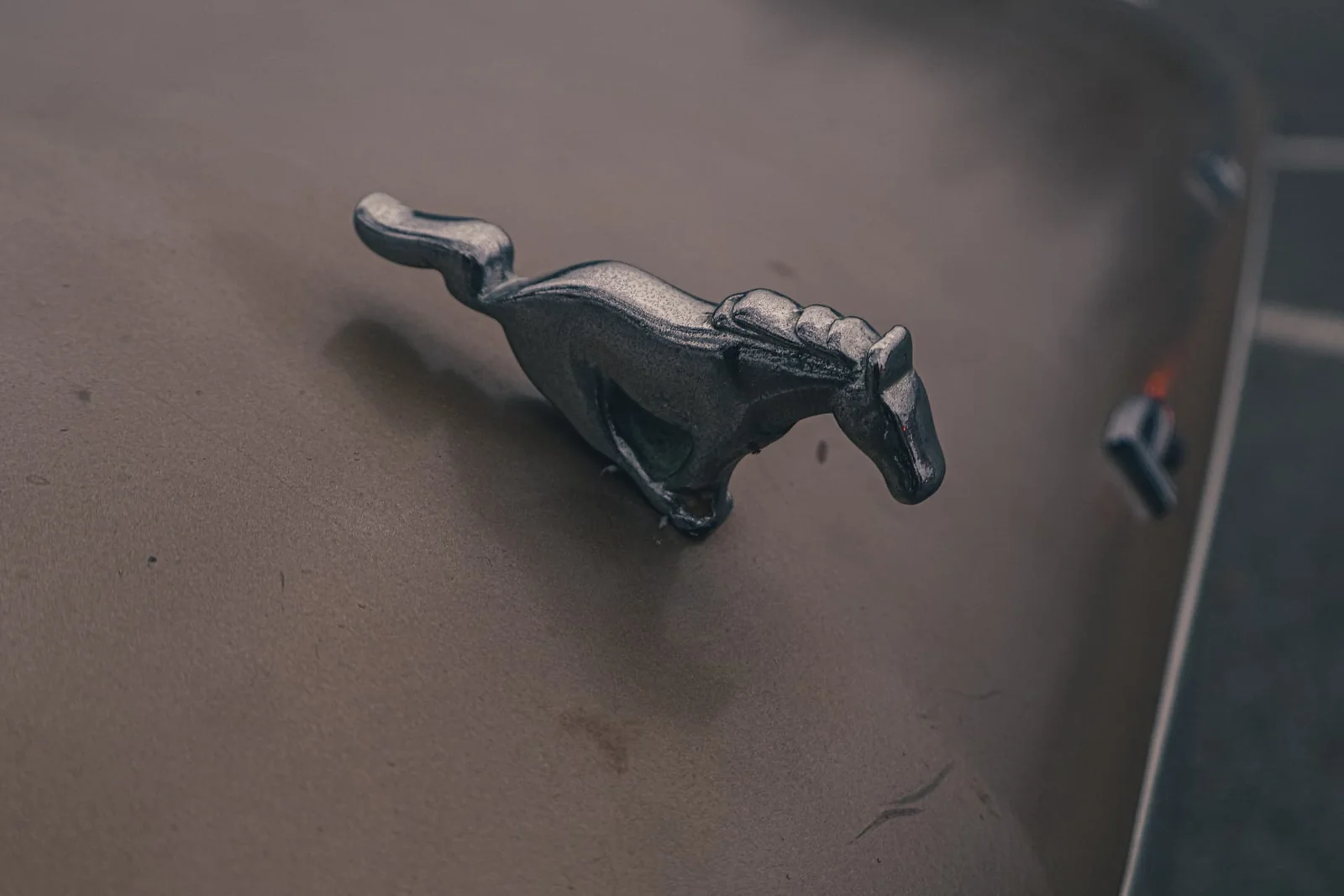 Close detail of a vintage automobile mustang emblem