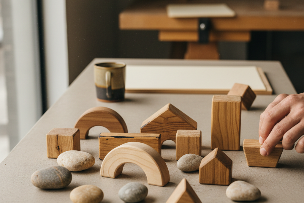 Variously shaped wooden blocks and natural stones arranged on a light surface, symbolizing core components of a brand's identity.