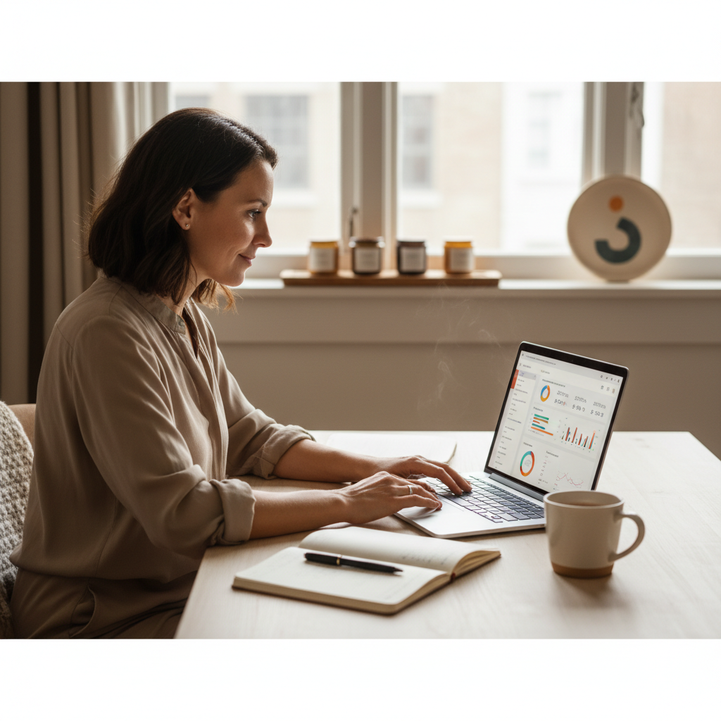 A small business owner reviewing email marketing campaign results on her laptop in a home office.