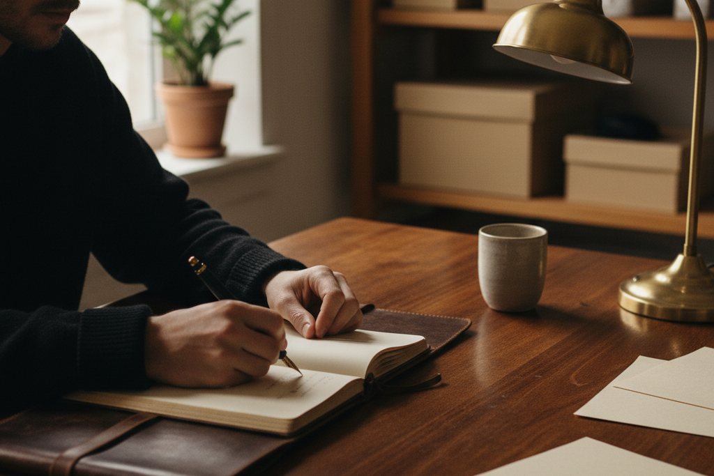 Person writing in a notebook with a pen at a desk, focused on crafting words.