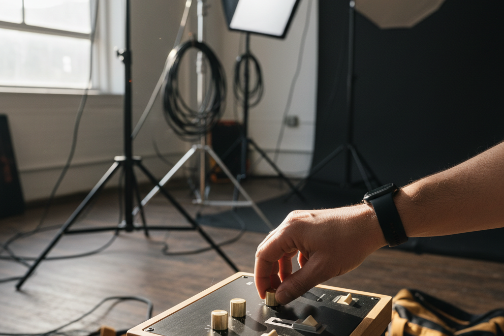 Close-up of a hand turning a dial on a photography light, with blurred studio lights and backdrops behind it