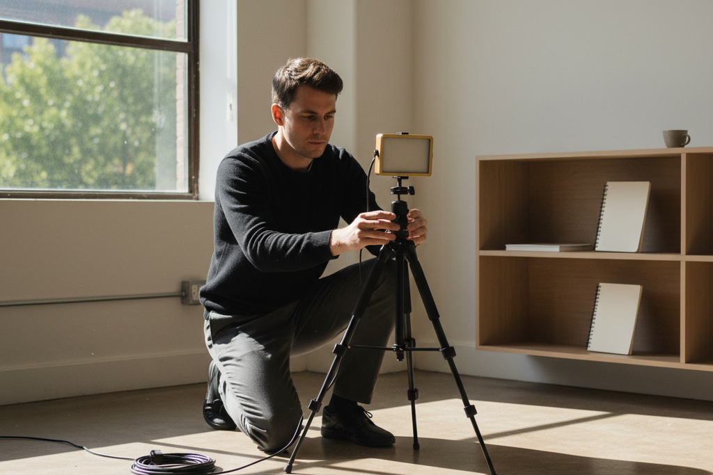 A person preparing to record a video, adjusting a small camera on a tripod next to an LED light.