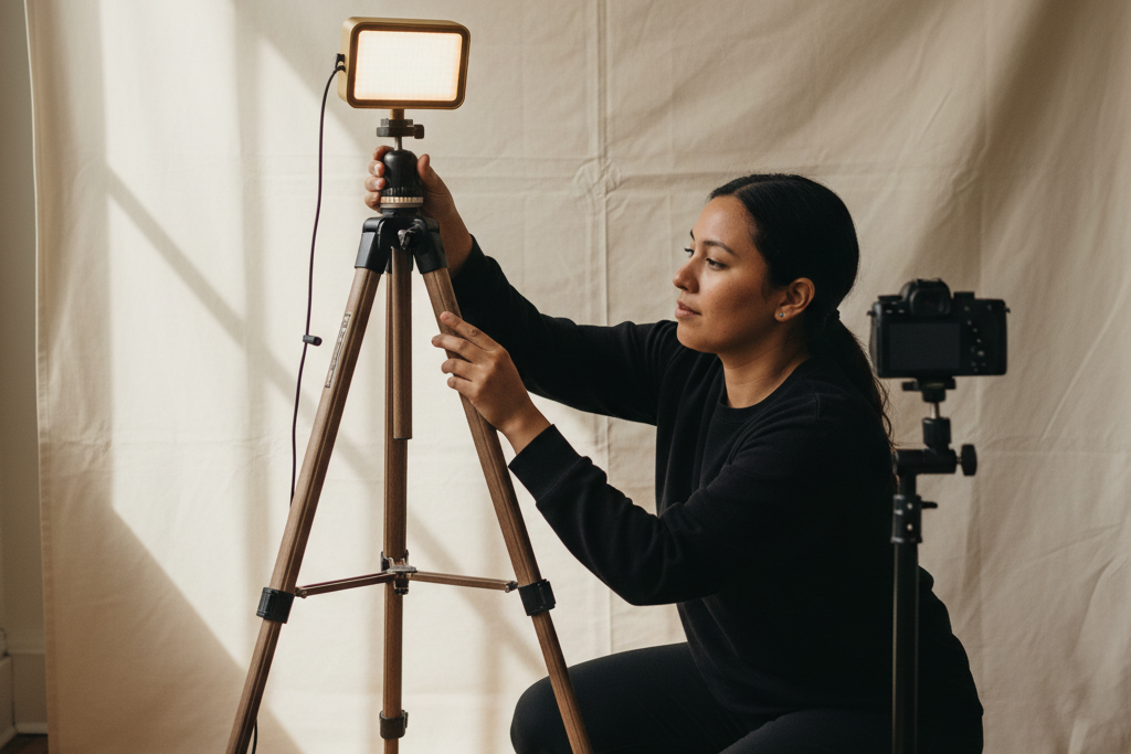 A person preparing to record a video, adjusting a small camera on a tripod next to an LED light.