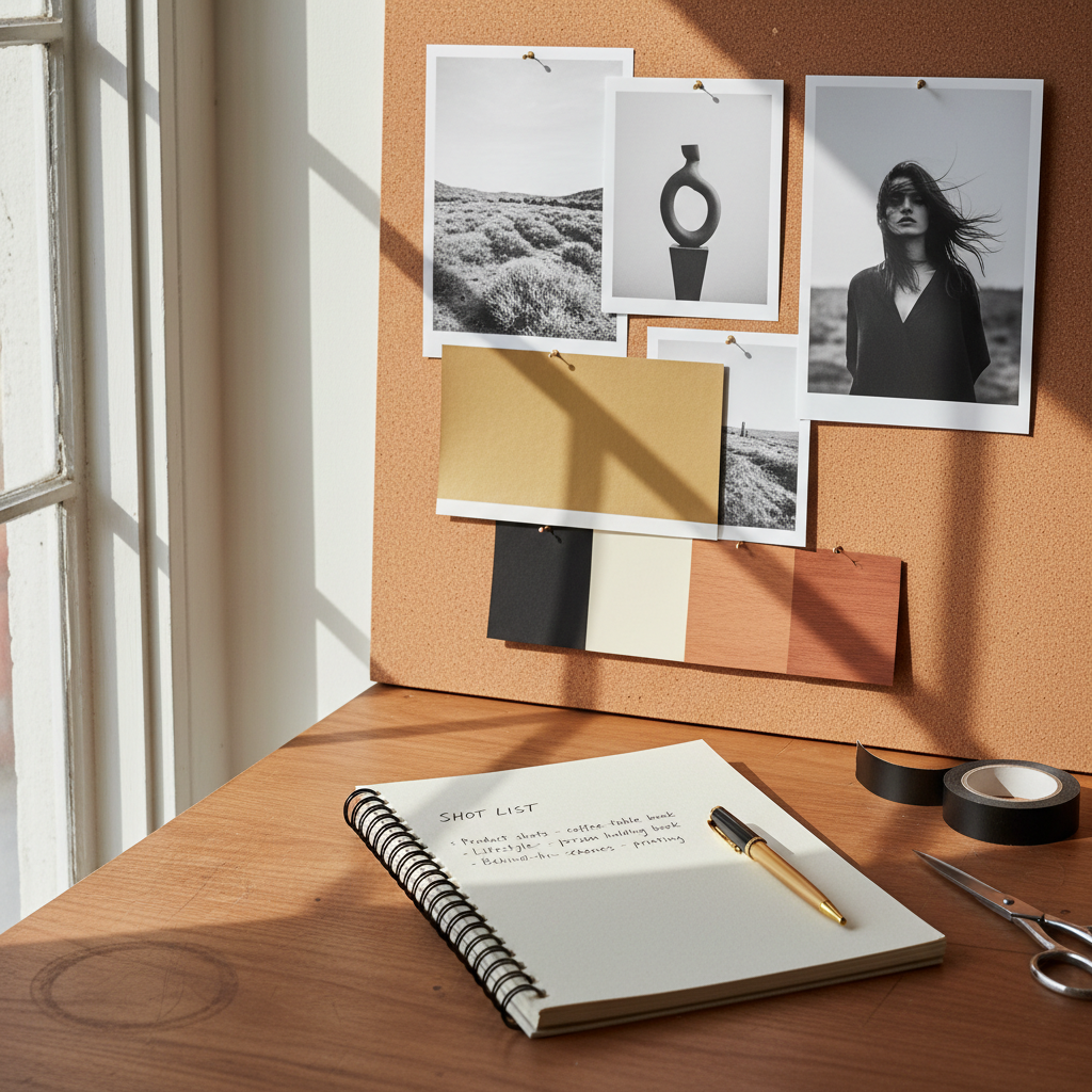 Overhead view of a desk with a brand mood board, a notebook listing shot ideas, color samples, and a pen for planning a brand photoshoot.