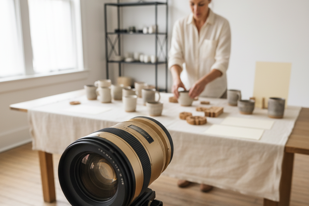 Close-up of a camera lens during a brand photography session, with hands styling products in the background
