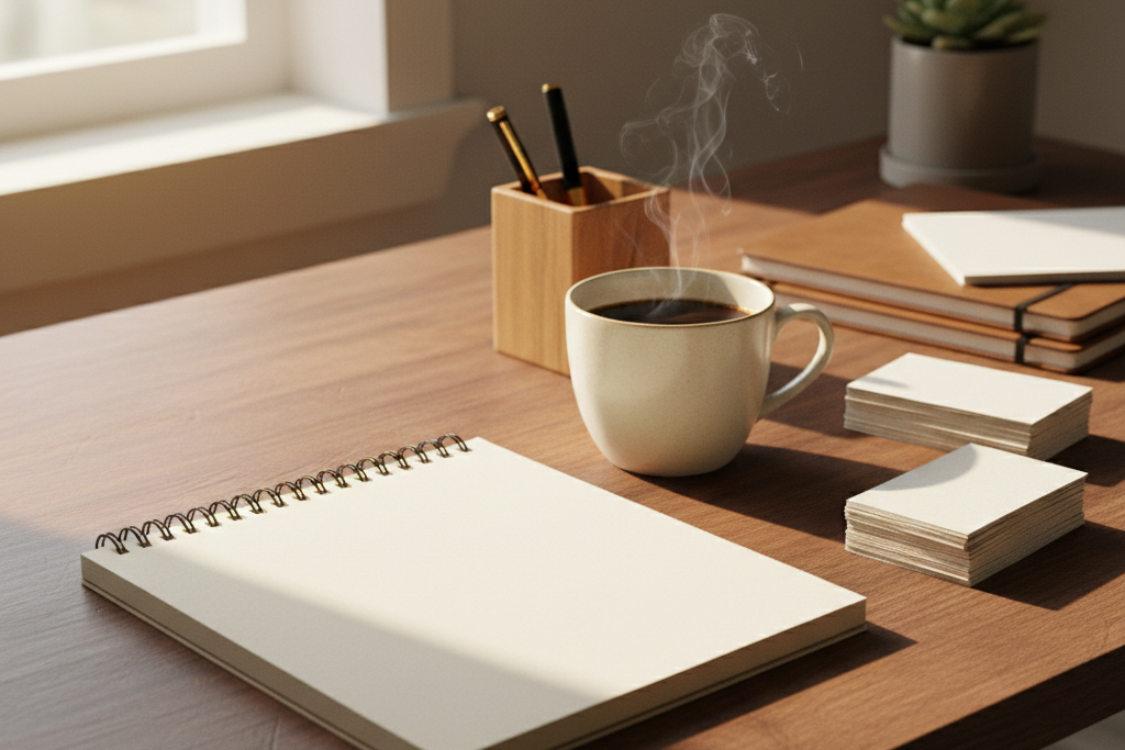 An overhead view of a clean desk with a planner, a pen, a coffee mug, and a stack of business cards, symbolizing business planning and strategy review.