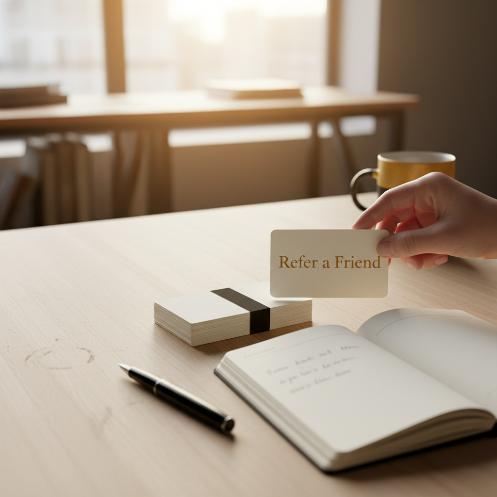 A hand placing a 'Refer a Friend' card next to business cards on a wooden desk.