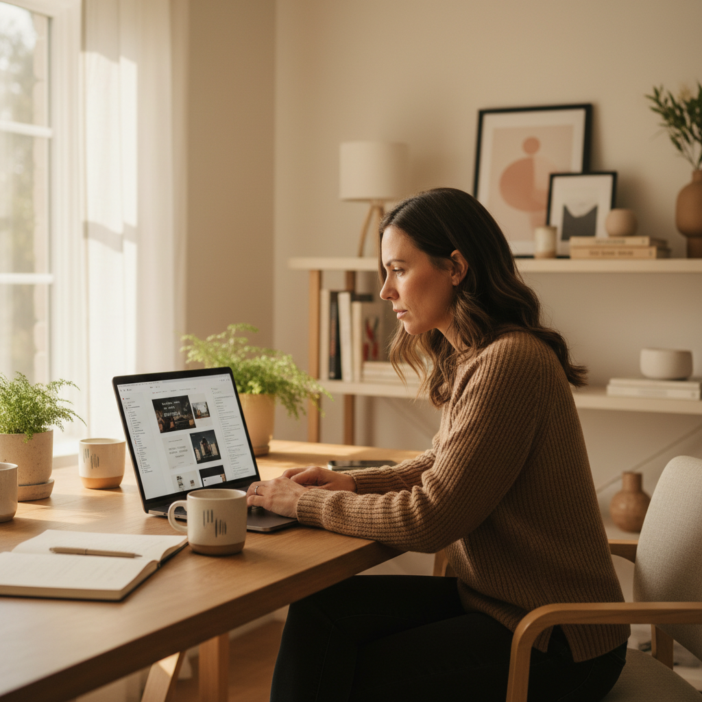 A small business owner carefully writing website content on her laptop, surrounded by office supplies, in a warm and productive home office setting.