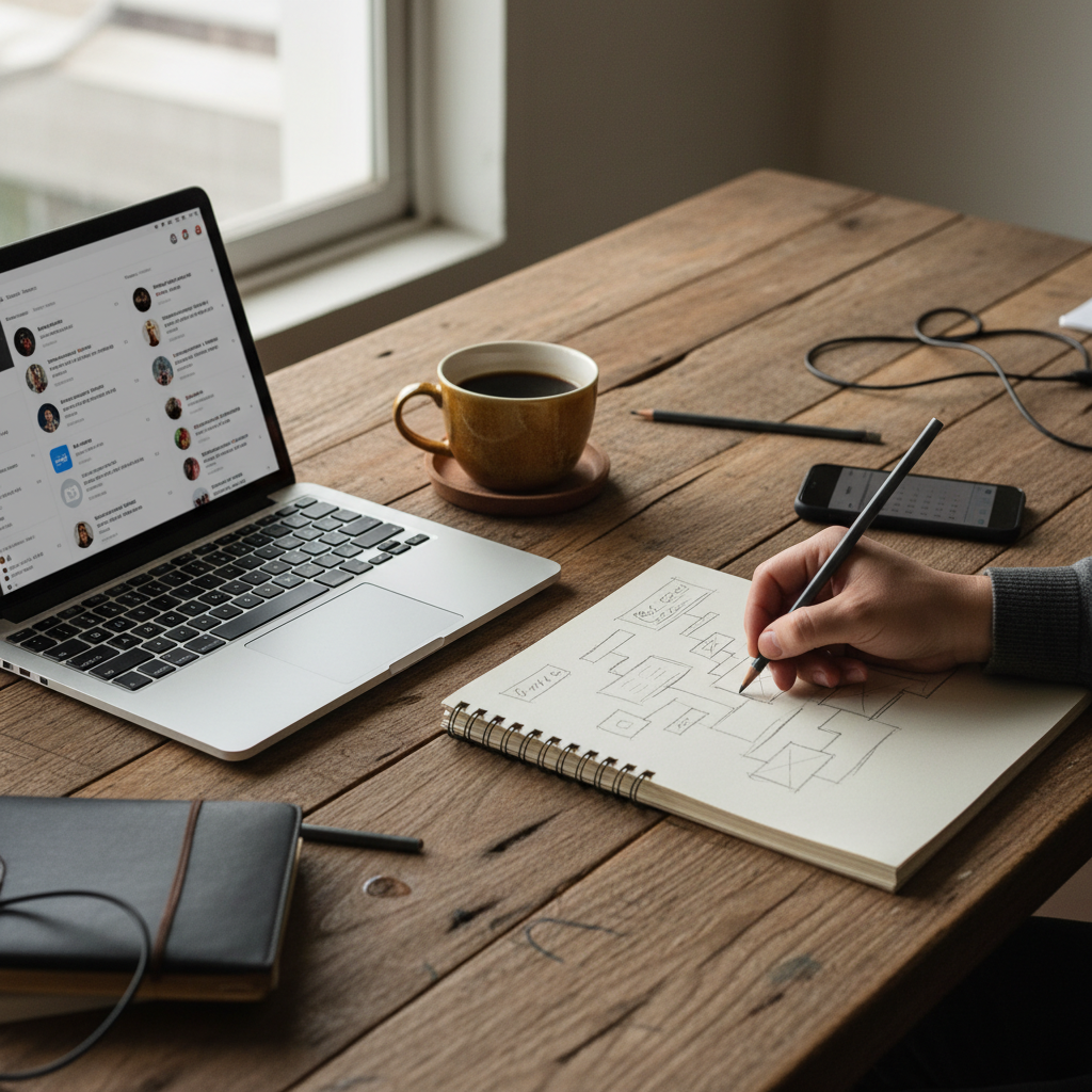 Overhead view of a person brainstorming content ideas on a notepad next to a laptop displaying a social media feed and a smartphone.