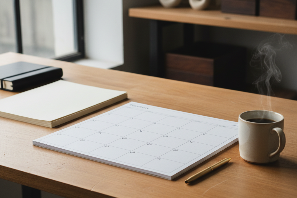 An overhead view of a desk showing a planner, a pen, and a coffee cup, suggesting organized work