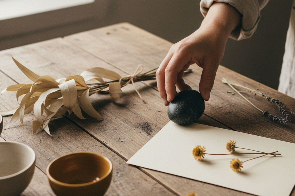 A hand carefully arranging a natural object on a wooden surface, suggesting thoughtful composition and attention to detail.