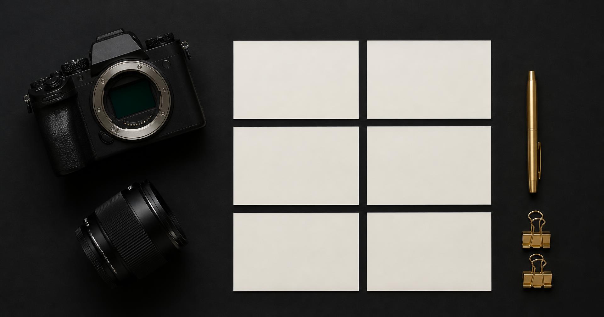 Camera equipment and organized planning cards for a brand photography session.