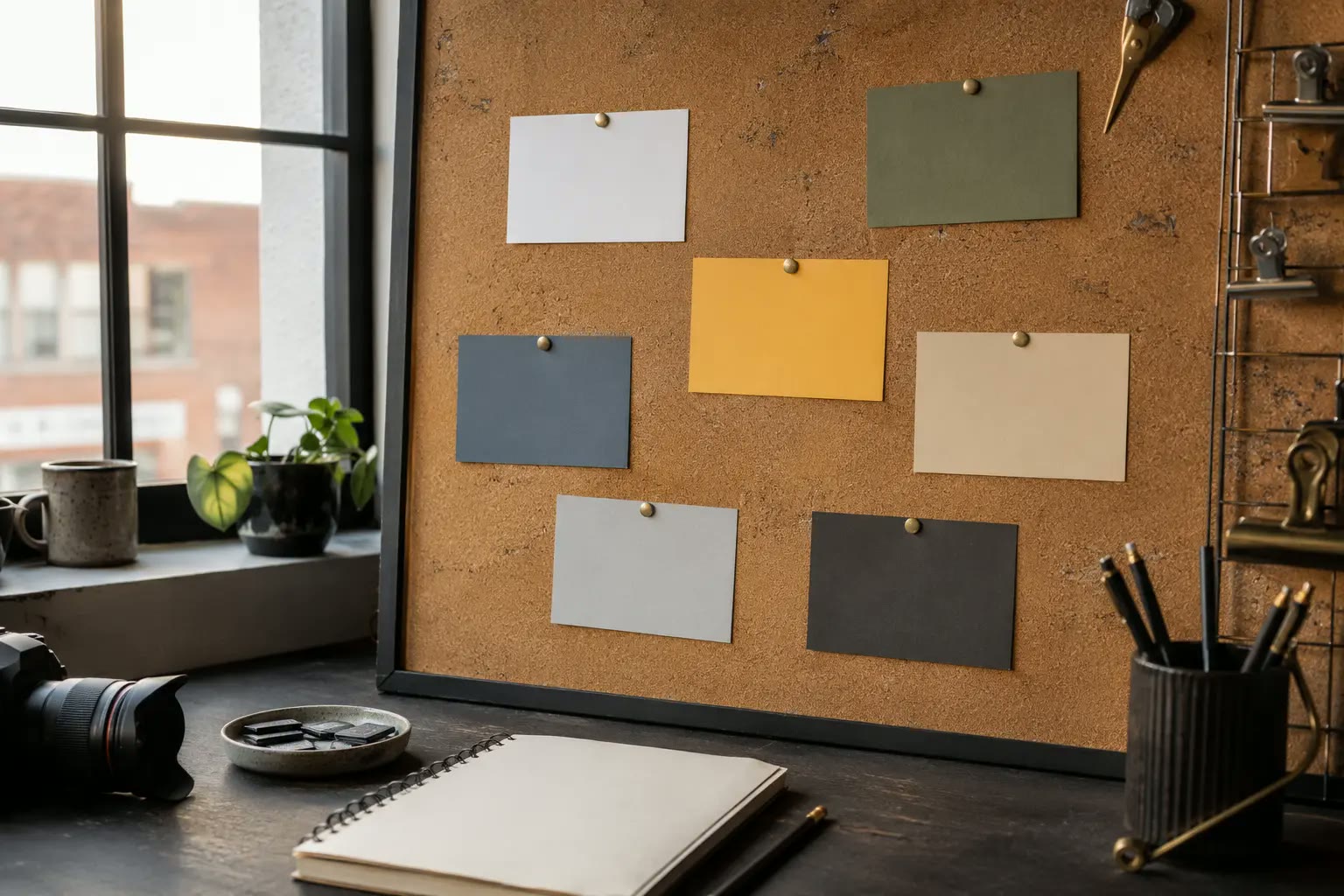 Seven organized black, gold and ivory tiles representing content pillars.