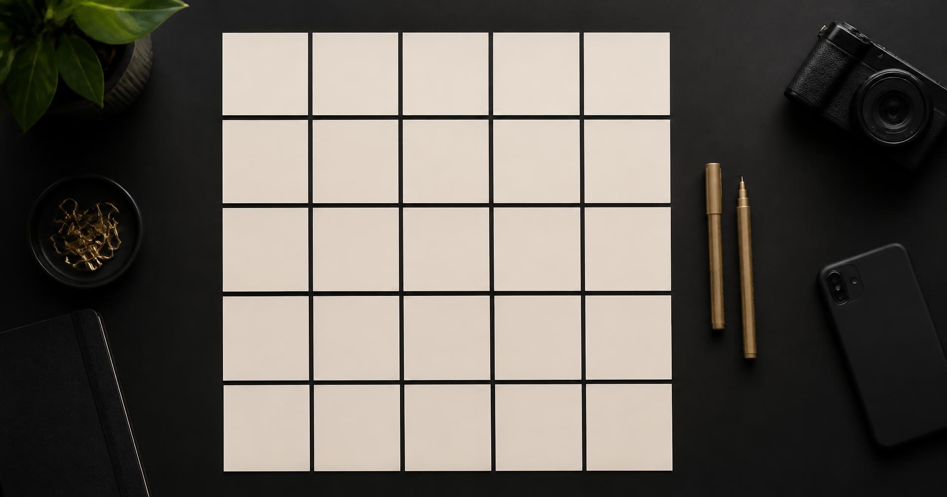 Black and gold planning materials representing a social-media content calendar.