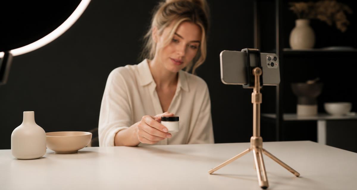 Small business owner reviewing influencer content on a phone and laptop