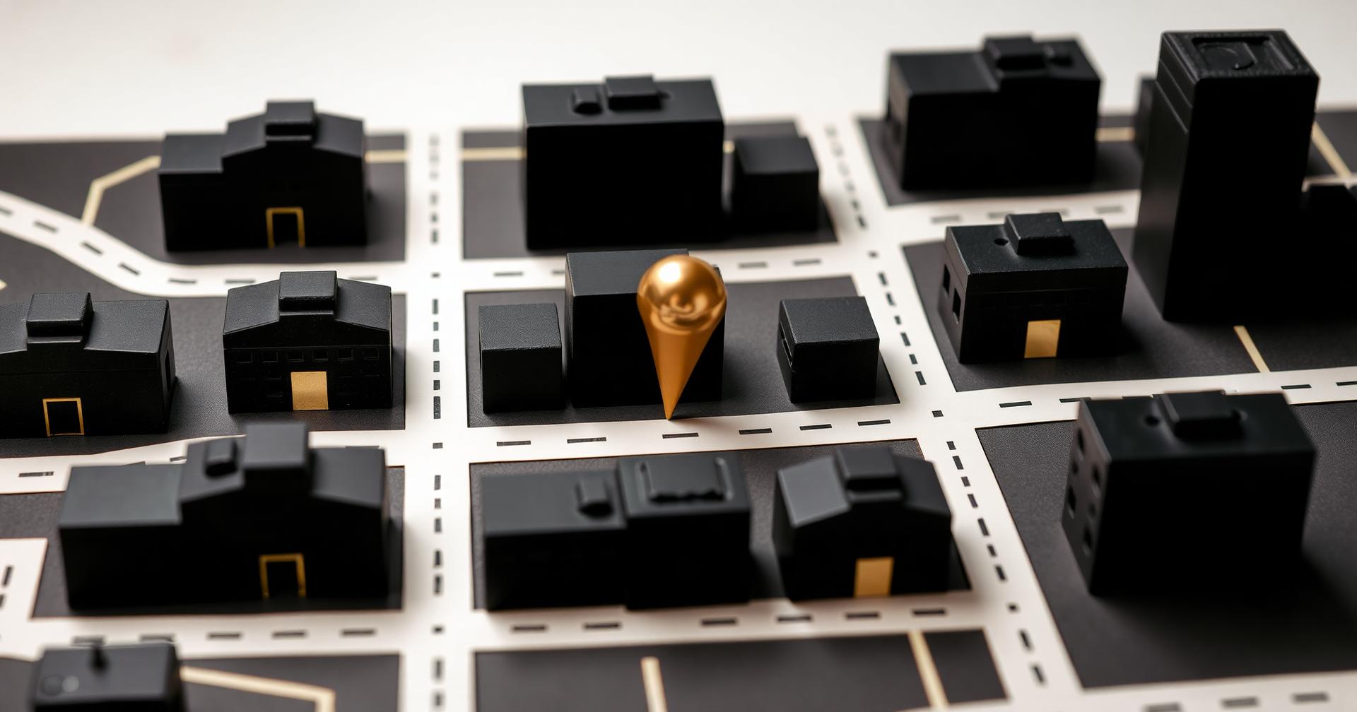 Gold location marker on a stylized local business map.