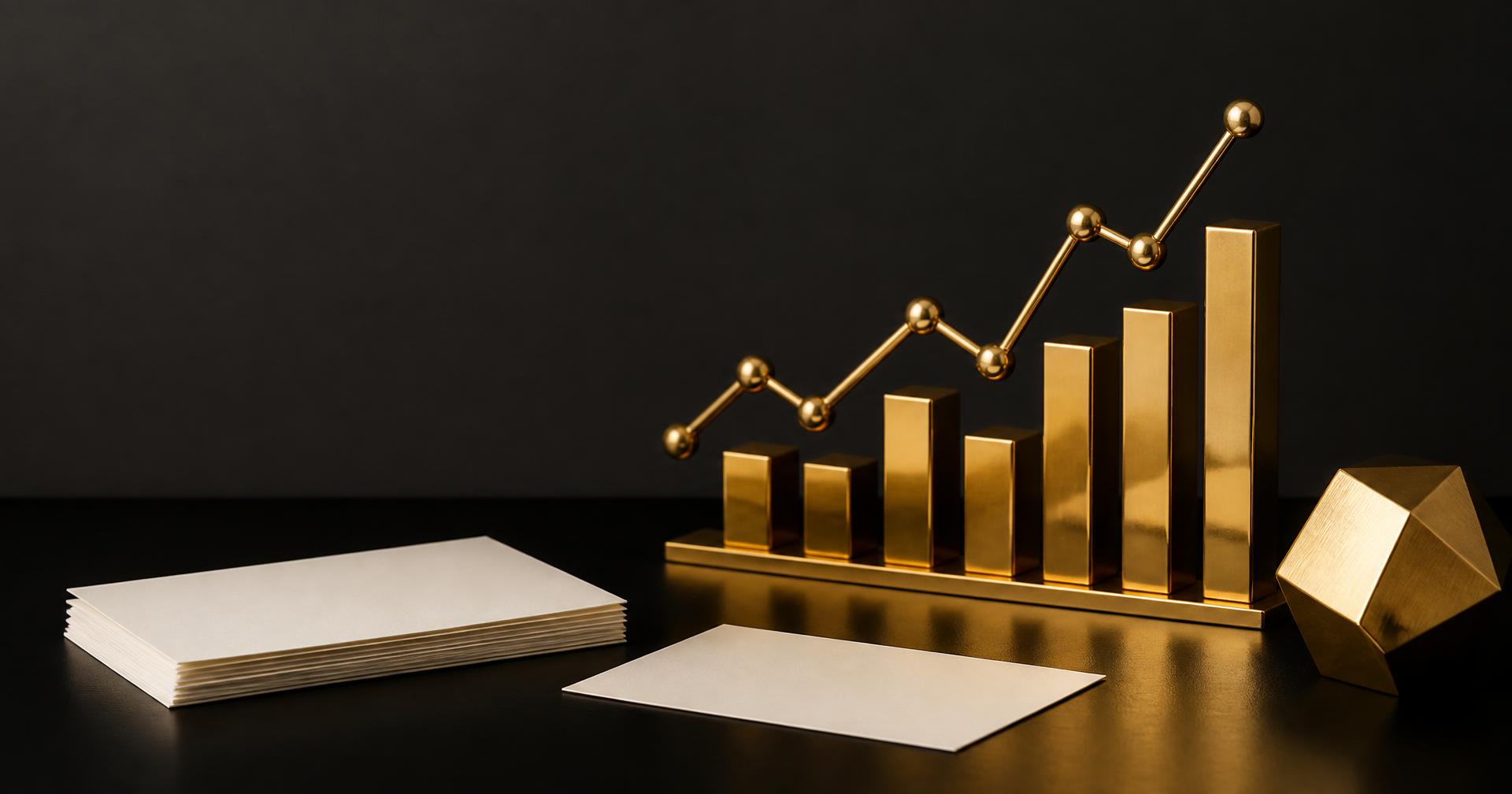 Abstract gold charts and planning cards representing business marketing metrics.
