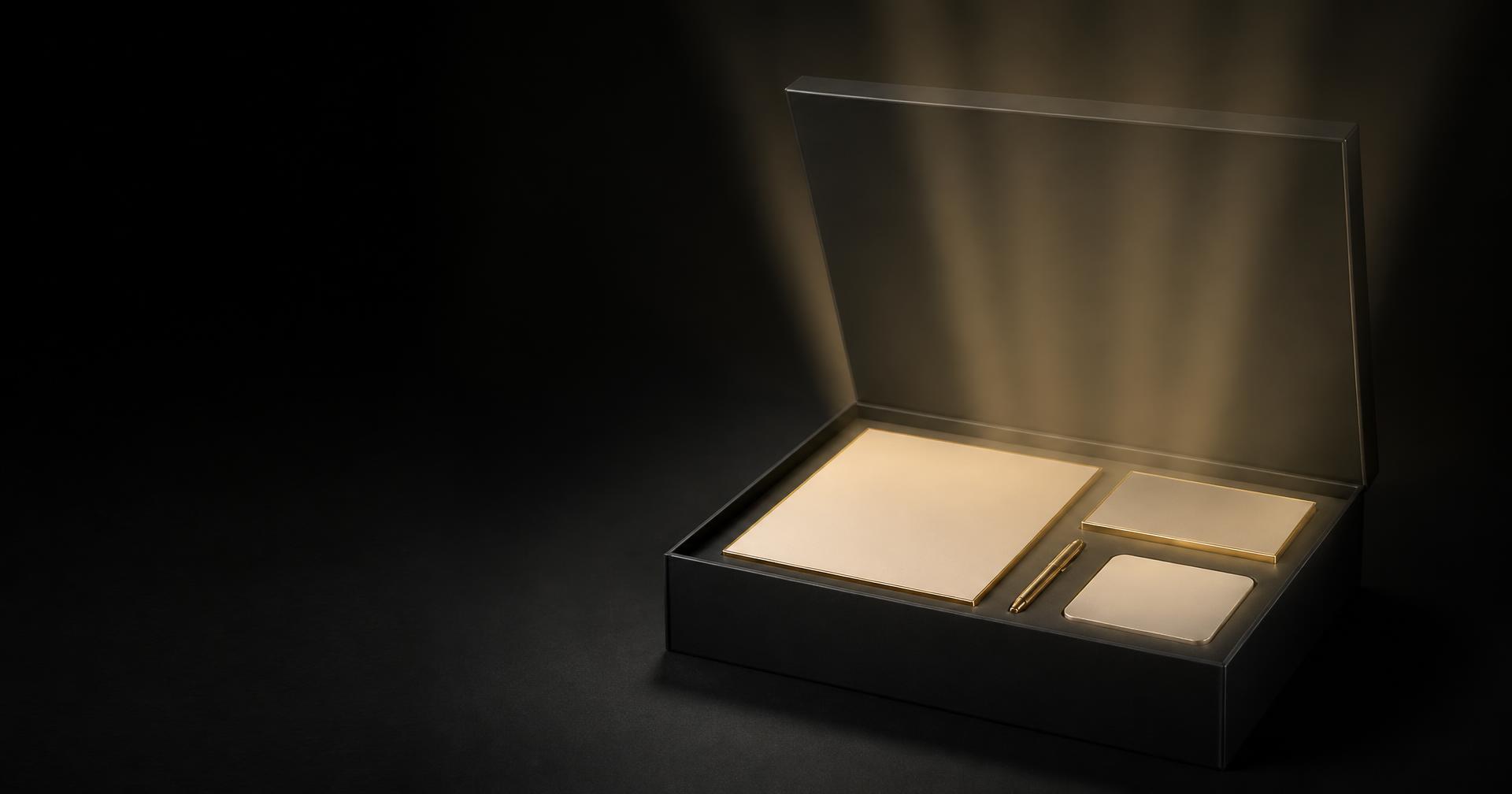 Premium brand materials being revealed for a new business launch.