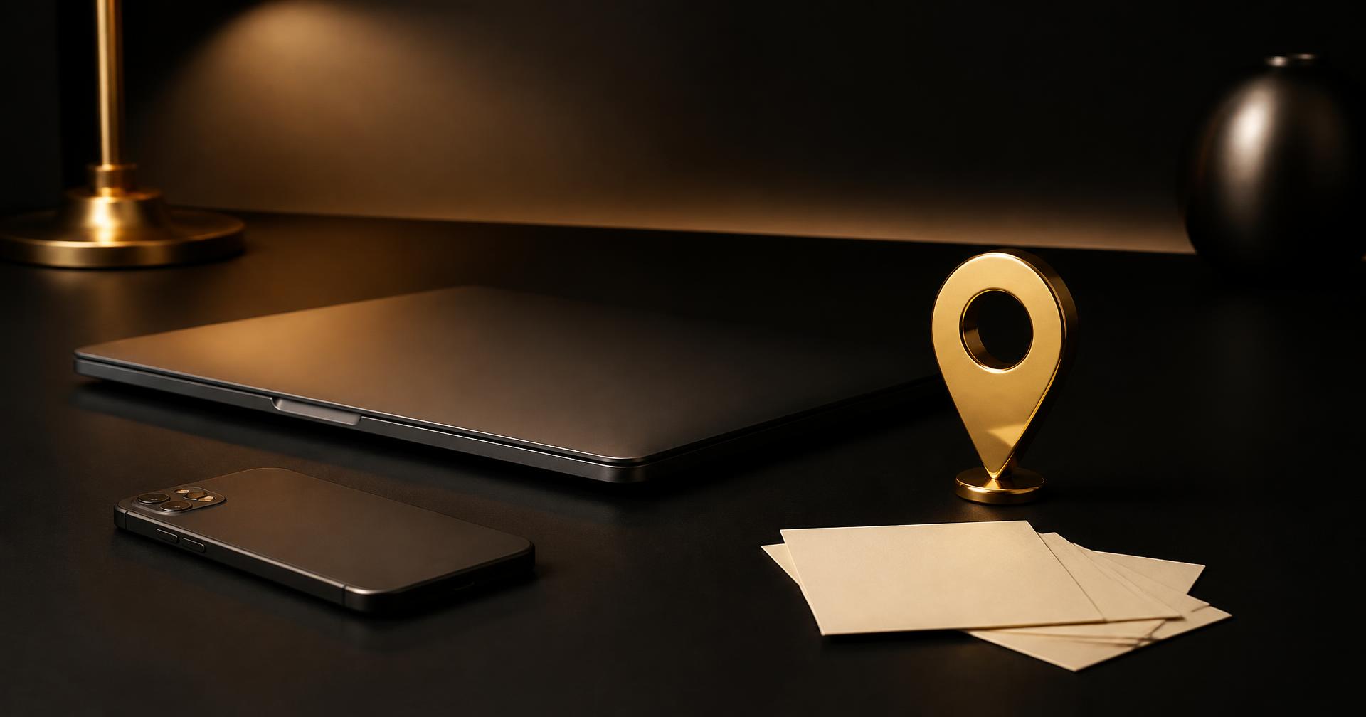 Devices and location marker representing an optimized local business profile.
