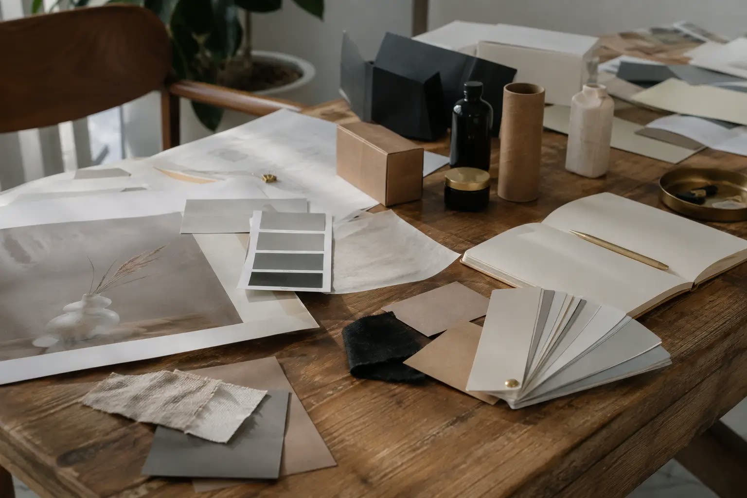 Business owner comparing old and new brand logo concepts on a desk