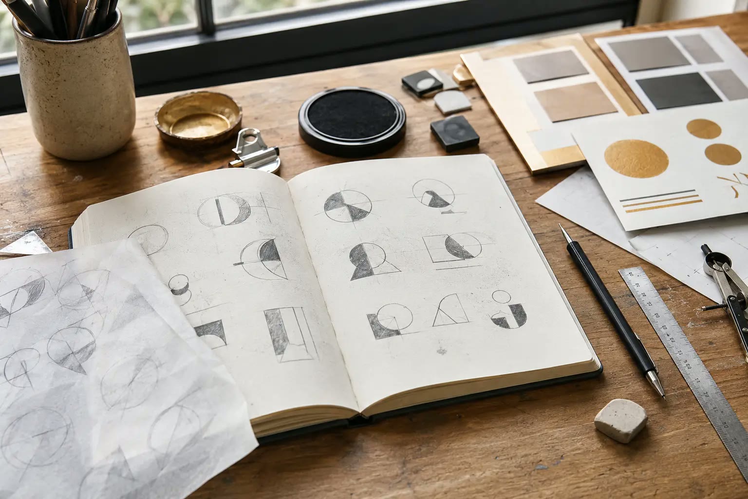 Designer sketching business logo concepts on paper next to a laptop