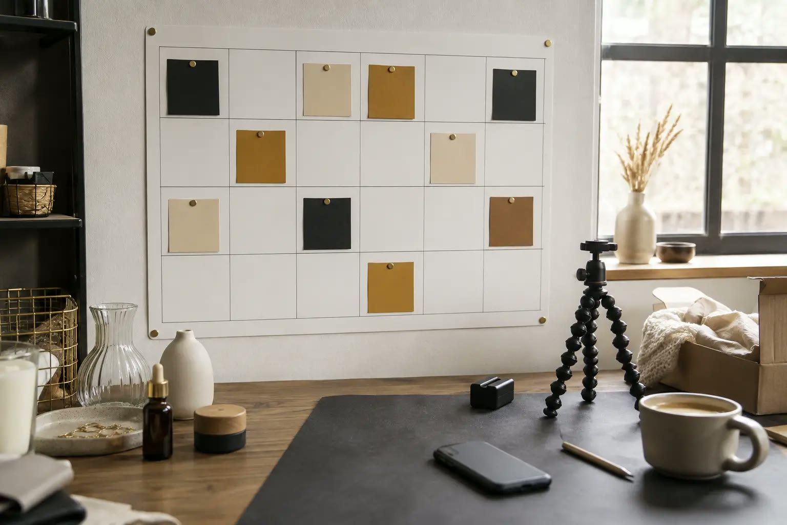 Coordinated black, gold and ivory materials demonstrating brand consistency.